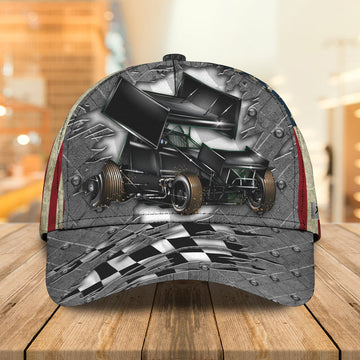 BlueJose Sprint Car Racing Cap – Metal Torn Steel Print with Checkered Flag Baseball Hat