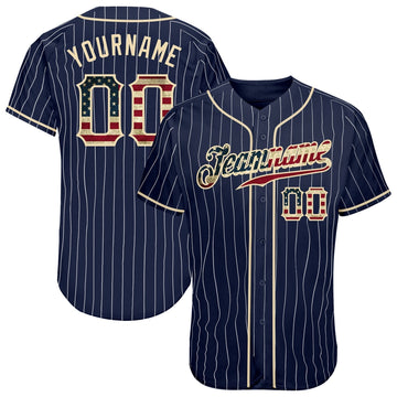BlueJose Custom Navy White Pinstripe Vintage Usa Flag-Cream Authentic Baseball Jersey