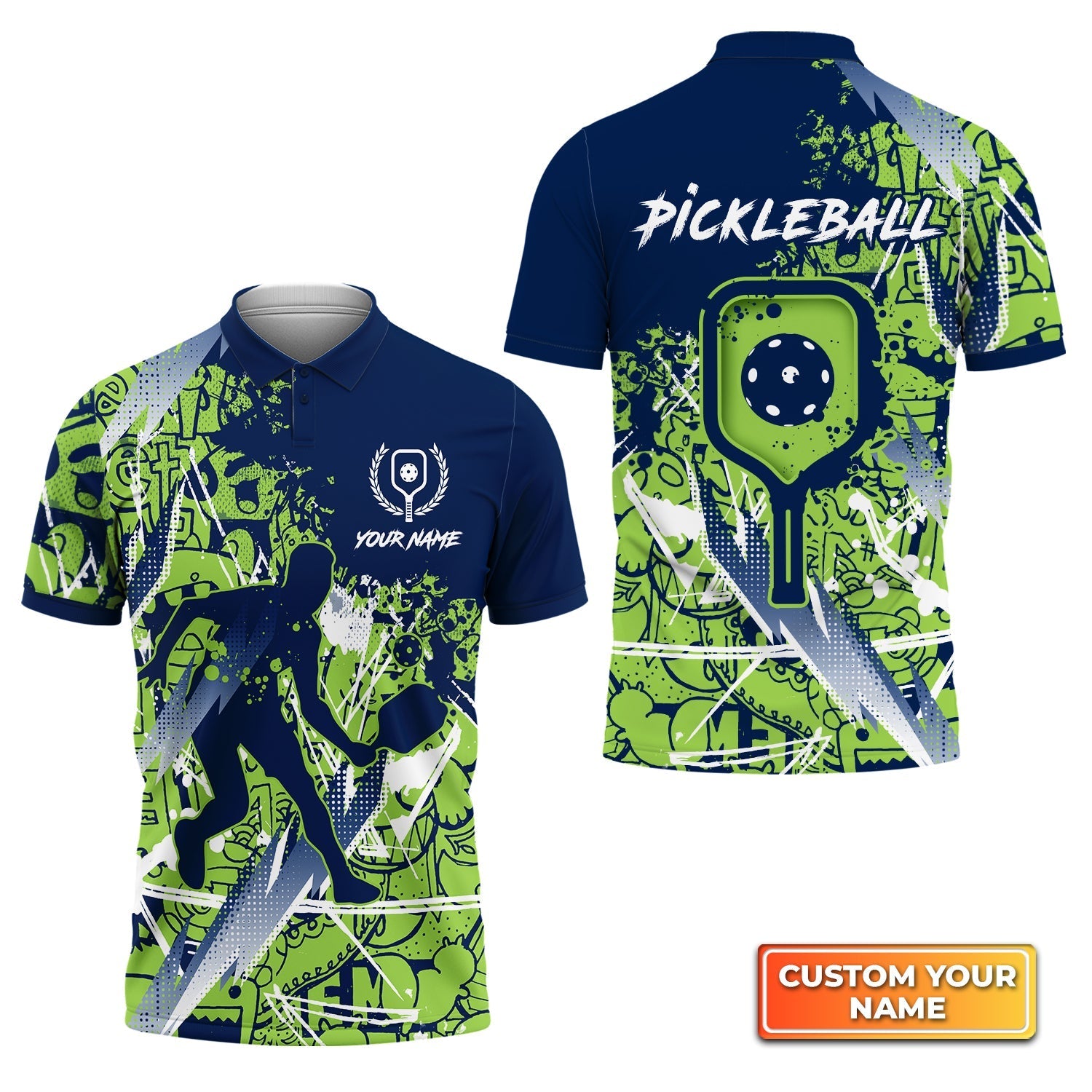 Pickleball, Scritch Man Green Blue Personalized Name 3D Polo Shirt Gift For Pickleball Player