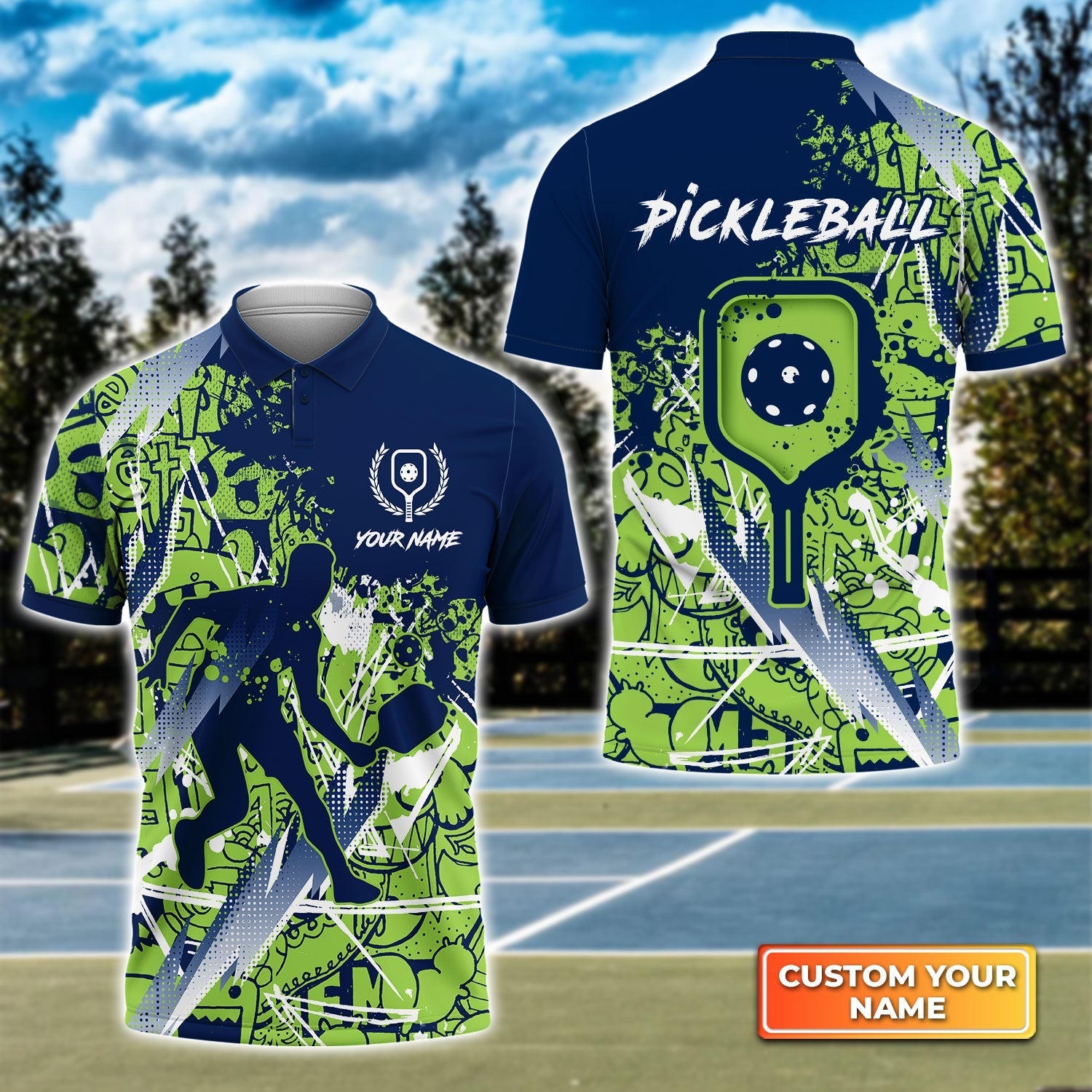 Pickleball, Scritch Man Green Blue Personalized Name 3D Polo Shirt Gift For Pickleball Player