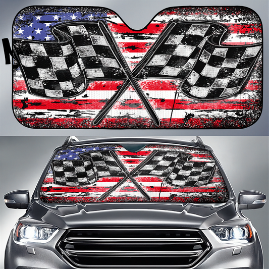 BlueJose Racing Checkered USA Flag Windshield Sun Shade