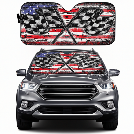 BlueJose Racing Checkered USA Flag Windshield Sun Shade