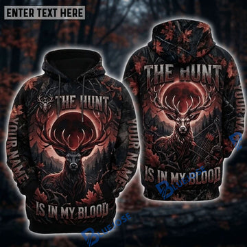 BlueJose Deer Hunting The Hunt Is In My Blood Red Blood Moon Elk Bow Hunting Maple Camo Personalized Hoodie Custom Name 3D Shirt