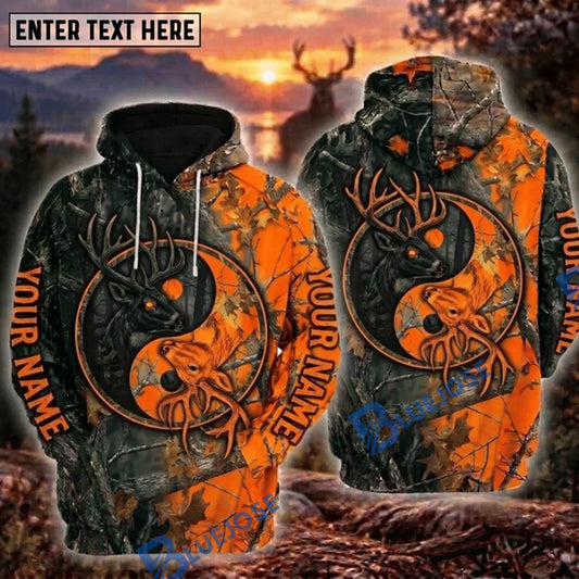 BlueJose Deer Hunting Yin Yang Black Orange Buck Forest Camo Personalized Hoodie Custom Name 3D Shirt