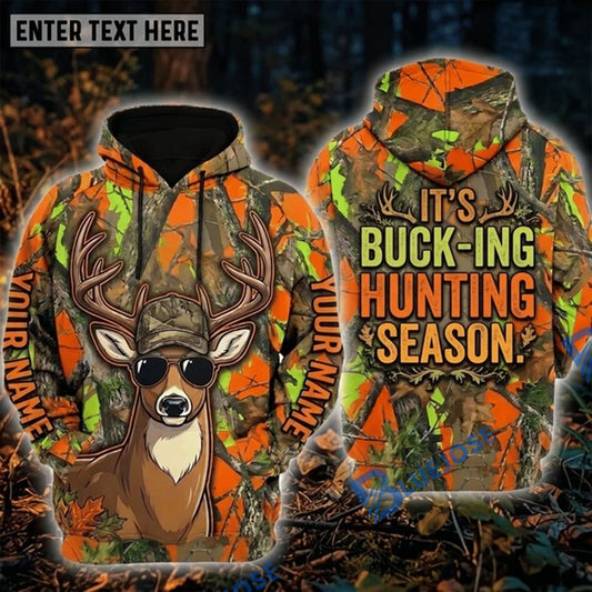 BlueJose Deer Hunting It's Buck-ing Hunting Season Funny Buck Cap Sunglasses Orange Green Camo Personalized Hoodie Custom Name 3D Shirt