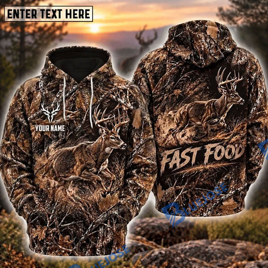 BlueJose Deer Hunting Fast Food Running Buck Sunset Camo Personalized Hoodie Custom Name 3D Shirt