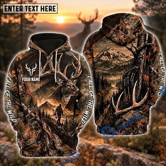 BlueJose Deer Hunting Call Of The Wild Bow Hunting Mountain Lake Antler Camo Personalized Hoodie Custom Name 3D Shirt