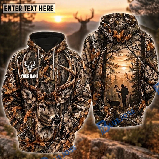 BlueJose Deer Hunting Big Buck Bow Hunter Sunset Forest Camo Personalized Hoodie Custom Name 3D Shirt