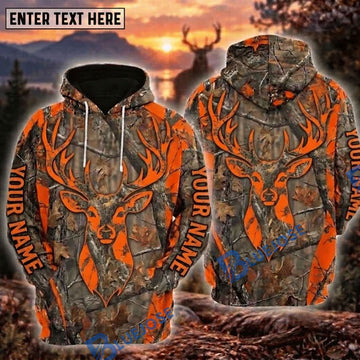 BlueJose Deer Hunting Blaze Orange Buck Head Tree Camo Personalized Hoodie Custom Name 3D Shirt