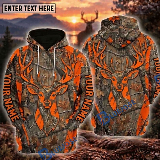 BlueJose Deer Hunting Blaze Orange Buck Head Tree Camo Personalized Hoodie Custom Name 3D Shirt