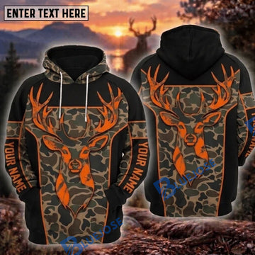 BlueJose Deer Hunting Blaze Orange Black Buck Head Duck Camo Personalized Hoodie Custom Name 3D Shirt