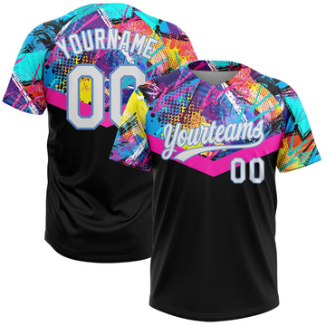 BlueJose Personalized Black White-Light Blue 3D Pattern Two-Button Unisex Softball Jersey