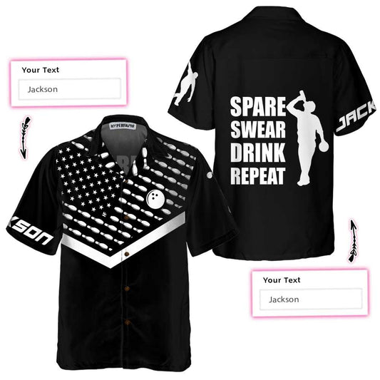 BlueJose Bowling Spare Swear Drink Repeat Personalized Name Hawaiian Shirt
