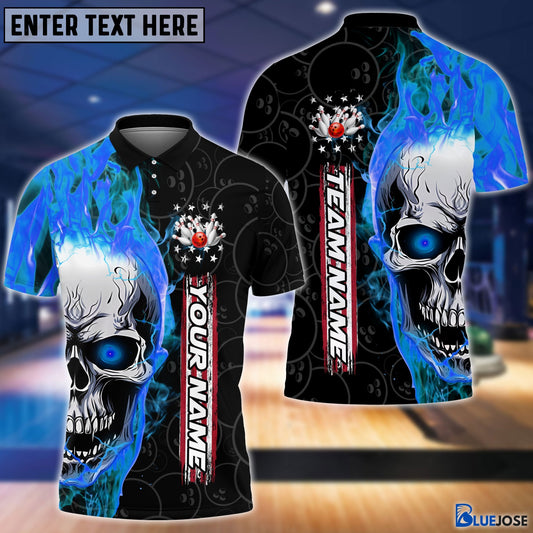 BlueJose Personalized Name and Team Name Skull Fire Winner Bowling and Pins Multicolor 3D Shirt