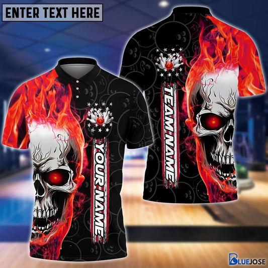 BlueJose Personalized Name and Team Name Skull Fire Winner Bowling and Pins Multicolor 3D Shirt