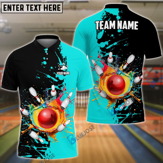 BlueJose Bowling And Pins Ink Break Pattern Customized Name, Team Name 3D Shirt (4 Colors)