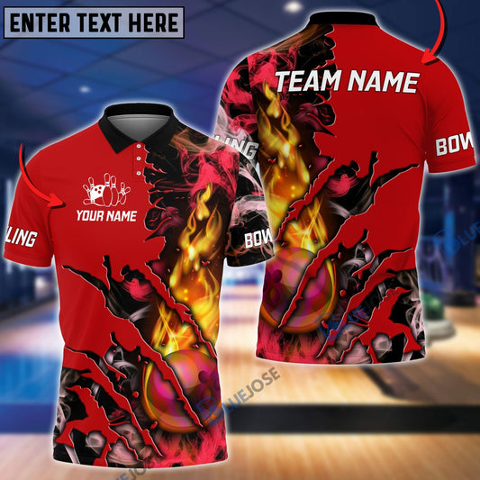 BlueJose Bowling And Pins Flame Smoke Personalized Name Team Name 3D Shirt, Personalized Shirts For Bowling Players