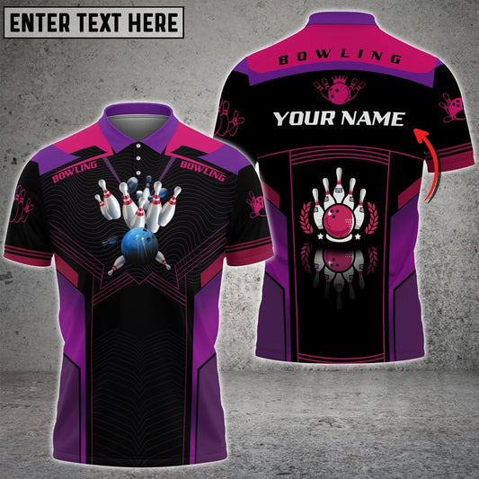 BlueJose The Blue Bowling Ball Crashing The Pins Purple Pattern Personalized Name 3D Shirt, Personalized Shirts For Bowling Players