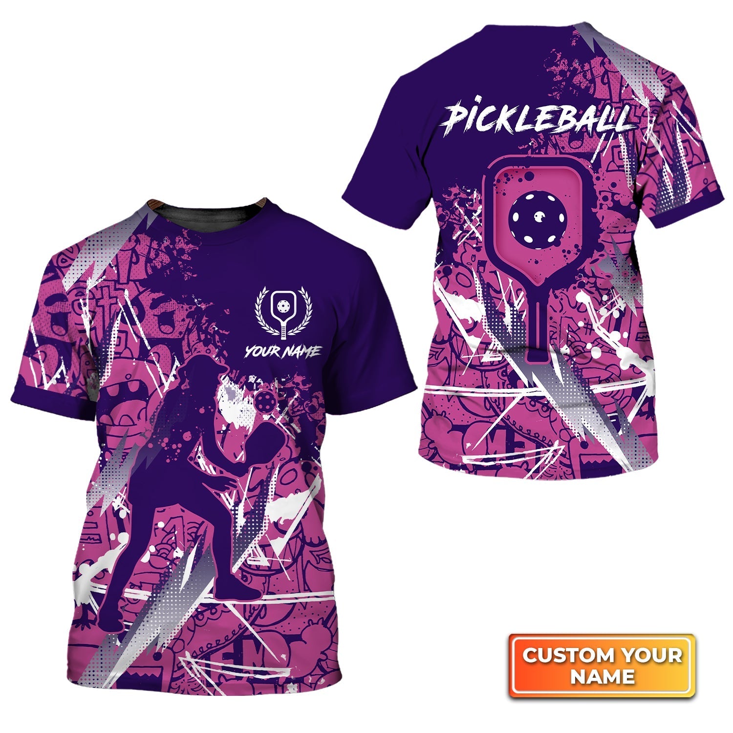 Pickleball, Scritch Woman Purple Pink Pattern Personalized Name 3D Tshirt Gift For Pickleball Player