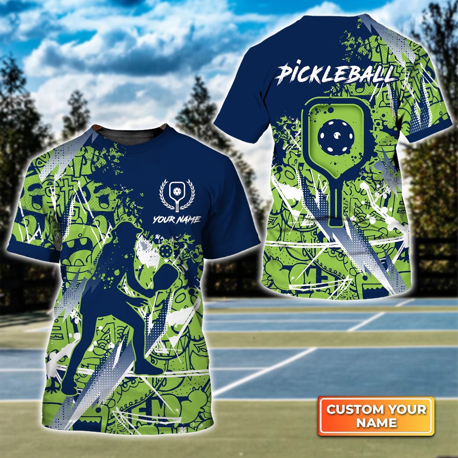 Pickleball, Scritch Woman Green Blue Pattern Personalized Name 3D Tshirt Gift For Pickleball Player