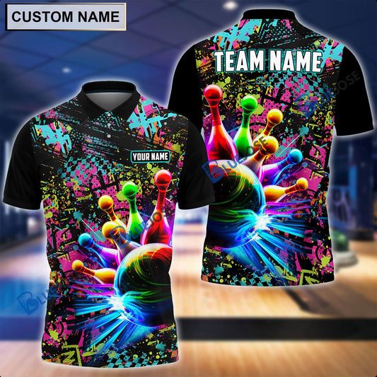 BlueJose Personalized Name and Team Name Paint Colorful Bowling and Pins 3D Shirt, Personalized Shirts For Bowling Players