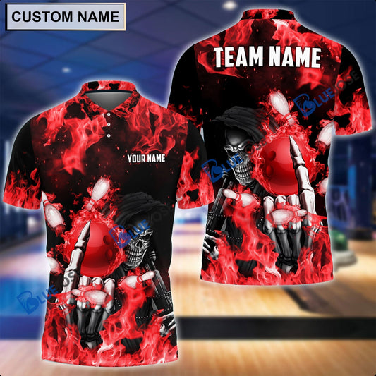 BlueJose Personalized Name and Team Name Fire Skull Bowling and Pins 3D Shirt, Personalized Shirts For Bowling Players