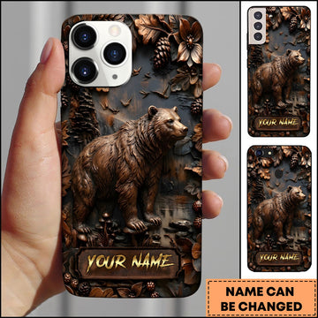 BlueJose Bear Wildlife Rustic Wood Carving Forest Art Multiple Options Personalized Name Phone Case