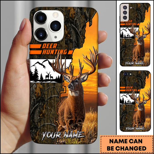 BlueJose Deer Hunting Whitetail Buck Orange Sunset Camo Forest Multiple Options Personalized Name Phone Case