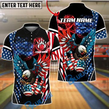 BlueJose Bowling And Pins American Eagle Smoke Flag Pattern Personalized Name, Team Name Shirt