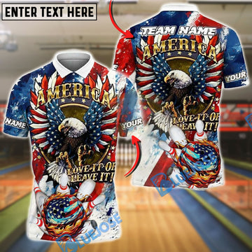BlueJose Bowling And Pins American Eagle with Flaming USA Flag Bowling Ball Personalized Name, Team Name Shirt