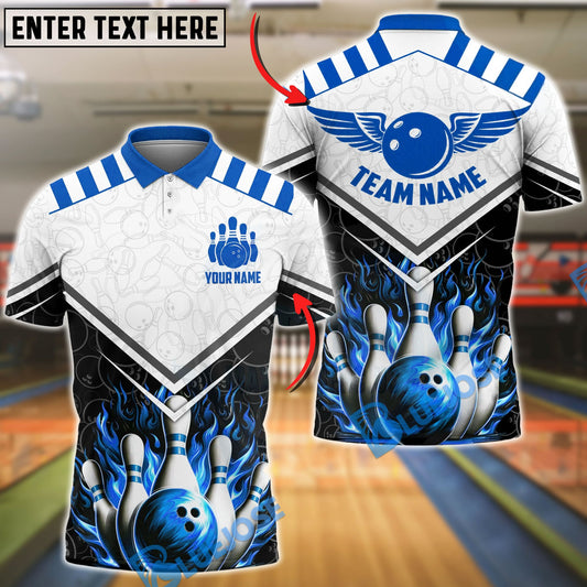 BlueJose Bowling & Pins Fire Wings Strike Design Customized Name, Team Name 3D Shirt (4 Colors)