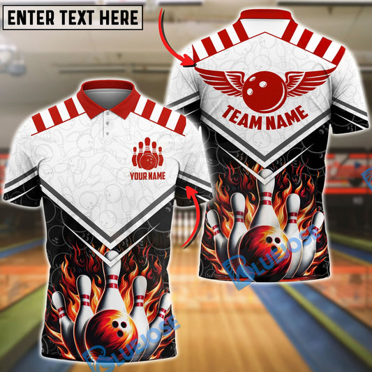 BlueJose Bowling & Pins Fire Wings Strike Design Customized Name, Team Name 3D Shirt (4 Colors)