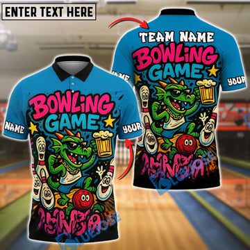 BlueJose Bowling And Pins Cartoon Dragon Customized Name, Team Name 3D Shirt (4 Colors)