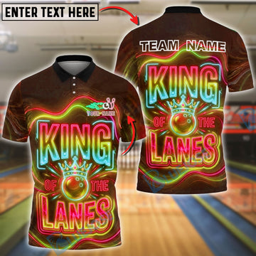 BlueJose Bowling & Pins Neon King of the Lanes Typography Graphic Customized Name, Team Name 3D Shirt (4 Colors)