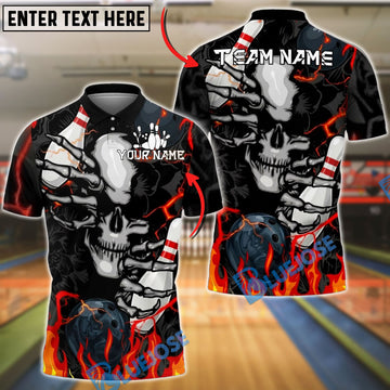 BlueJose Bowling And Pins Flaming Skull Crack Graphic Customized Name, Team Name 3D Shirt (4 Colors)