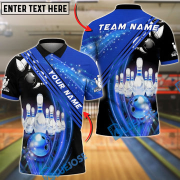 BlueJose Bowling And Pins Strike Sparkle Design Customized Name, Team Name 3D Shirt (4 Colors)