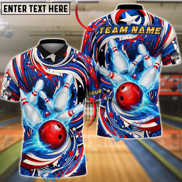 BlueJose Bowling Patriotic Swirl Ball Pins Design Customized Name, Team Name 3D Shirt (4 Colors)