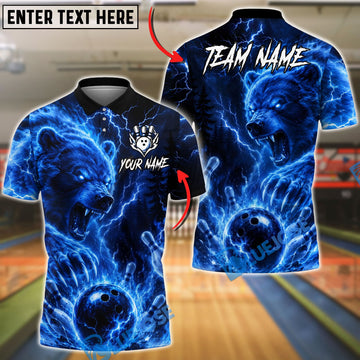 BlueJose Bowling And Pins Thunder Bear Lightning Clap Design  Customized Name, Team Name 3D Shirt (4 Colors)