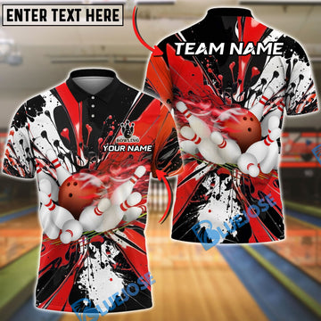 BlueJose Bowling And Pins Black Paint Splash Design Customized Name, Team Name 3D Shirt (4 Colors)