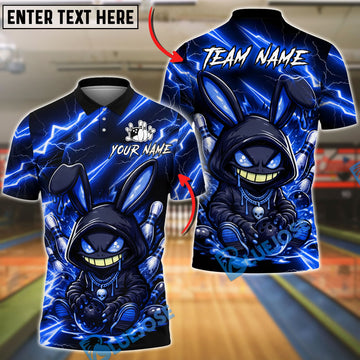 BlueJose Bowling And Pins Hooded Bunny Neon Lightning Art Customized Name, Team Name 3D Shirt (6 Colors)