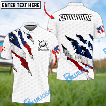 BlueJose Golf American Flag Torn Effect Honeycomb Golf Design Customized Name, Team Name 3D Shirt