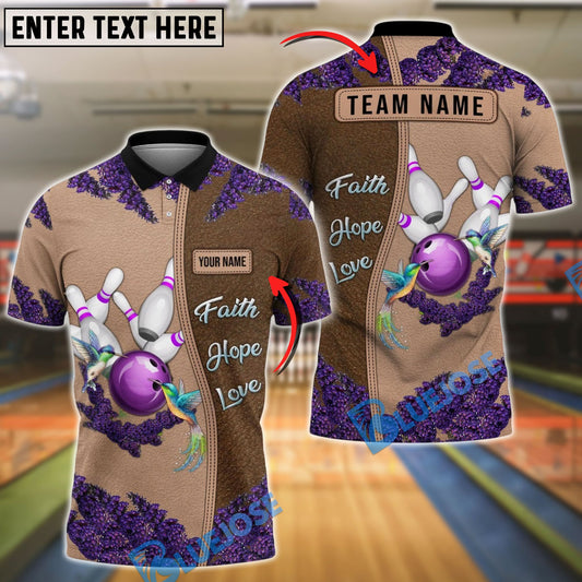 BlueJose Bowling & Pins Hummingbird Faith Hope Love Customized Name, Team Name 3D Shirt (4 Colors)