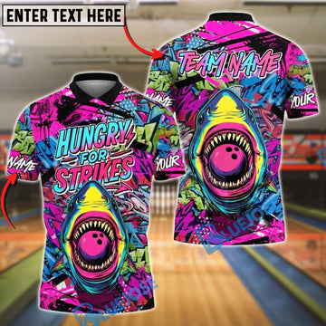 BlueJose Bowling And Pins Shark Hungry for Strikes Graffiti Customized Name, Team Name 3D Shirt (4 Colors)