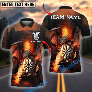 BlueJose Darts Fire Dragon Dartboard Personalized Name, Team Name Shirt (4 Colors)