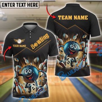 BlueJose Bowling And Pins Strike Power Happy Ball & Flying Pins Customized Name 3D Shirt (4 Colors)