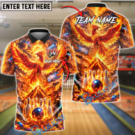 BlueJose Bowling And Pins Fire Phoenix Volcanic Customized Name, Team Name 3D Shirt (4 Colors)