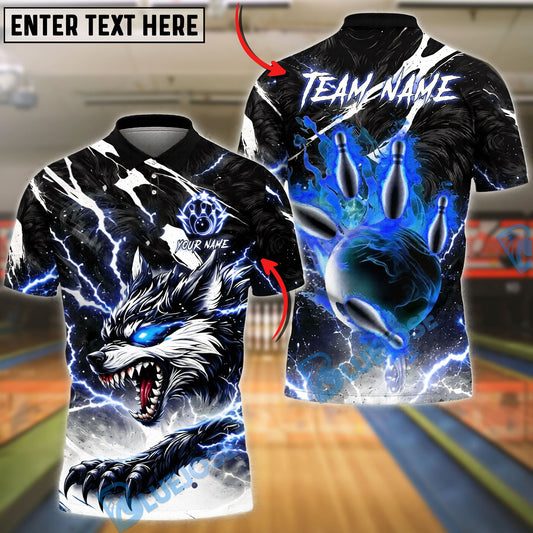 BlueJose Bowling And Pins Neon Thunder Wolf Strike Design Customized Name, Team Name 3D Shirt (4 Colors)