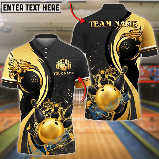 BlueJose Bowling And Pins Black Gold Water Strike Design Customized Name, Team Name 3D Shirt (6 Colors)