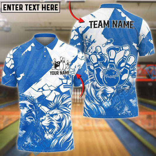 BlueJose Bowling And Pins Jesus Lion King Strike Customized Name, Team Name 3D Shirt (4 Colors)