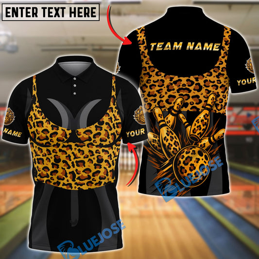 BlueJose Bowling And Pins Leopard Print Ball & Pins Customized Name, Team Name 3D Shirt (4 Colors)